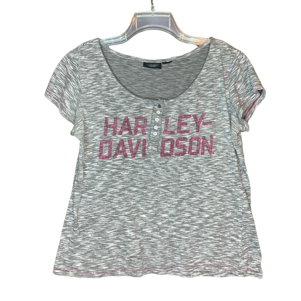 Harley Davidson Heather Grey Graphic Tee Shirt Henley T-Shirt XL
